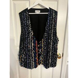 Vintage Soul Mates Black Rayon Multi Rick Rack Stripe Boho Lagenlook Vest sz 2X